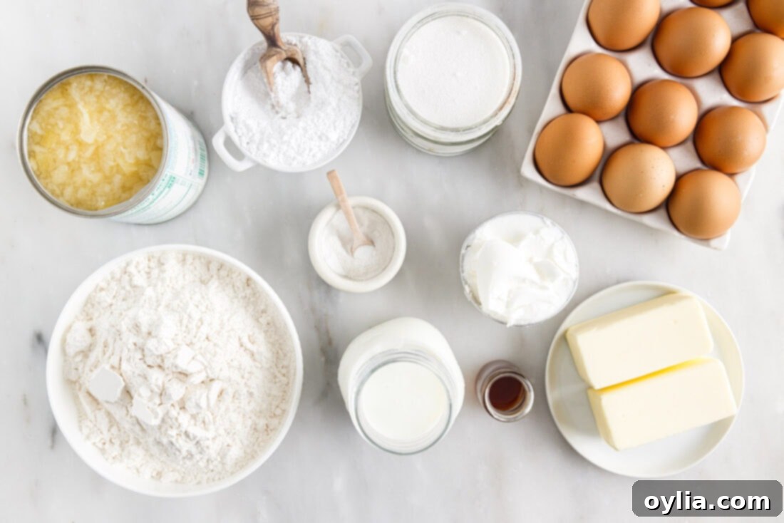 Ingredients for Pineapple Pound Cake laid out on a surface