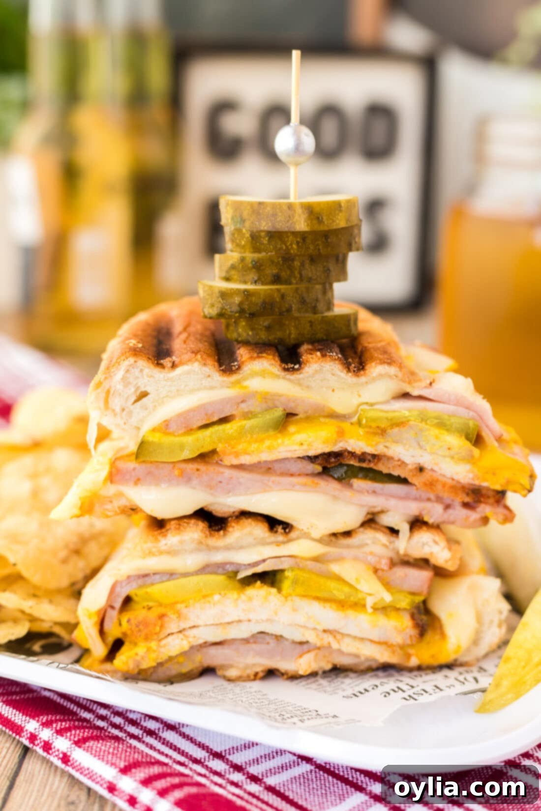 Stacked Cuban Sandwich, showcasing golden toasted bread and layered fillings