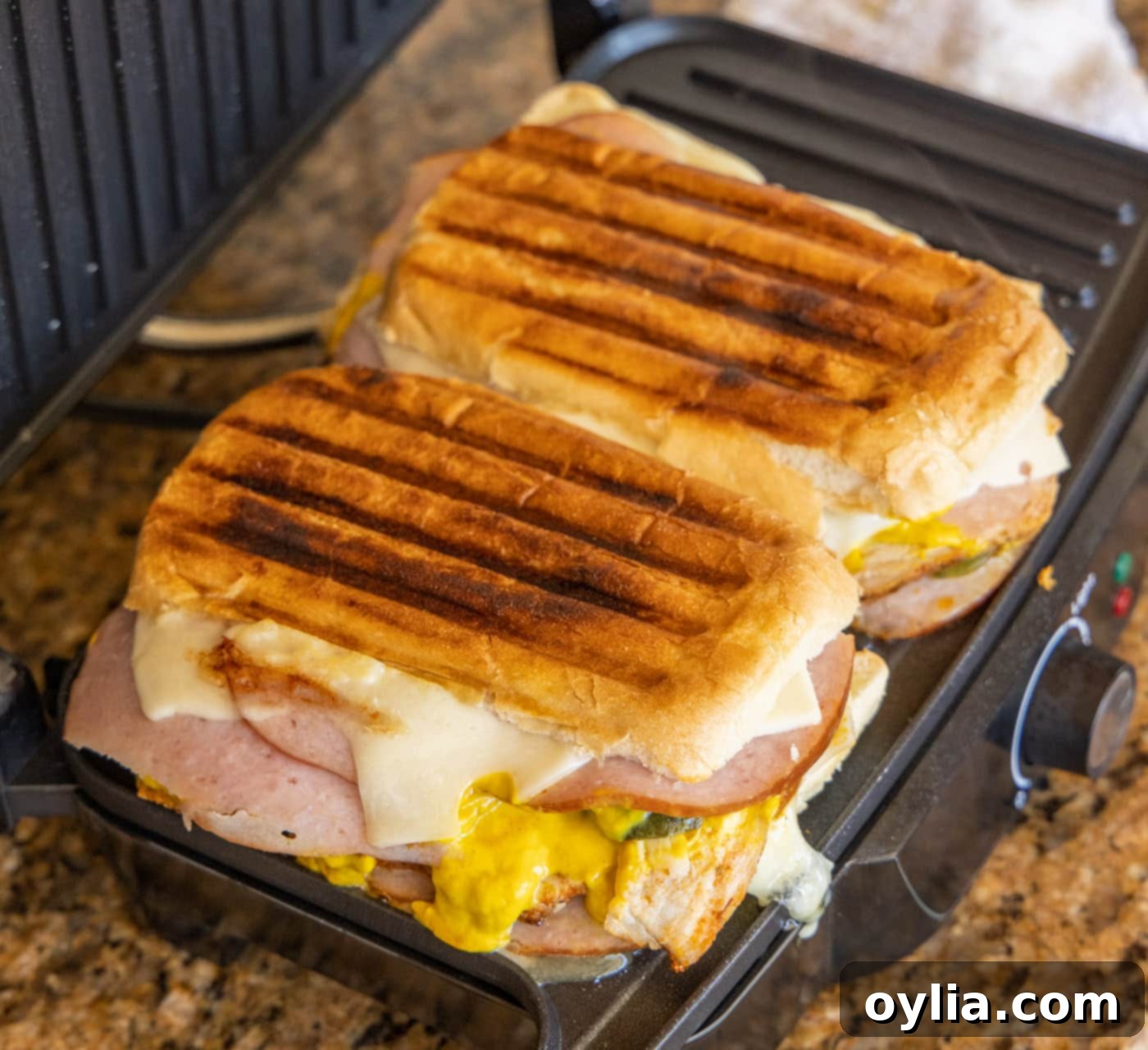 Perfectly toasted Cuban sandwich removed from the panini maker, ready for slicing