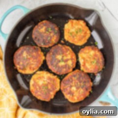Crispy Golden Salmon Croquettes 10 Salmon Croquettes cooking in a skillet, golden brown and crispy