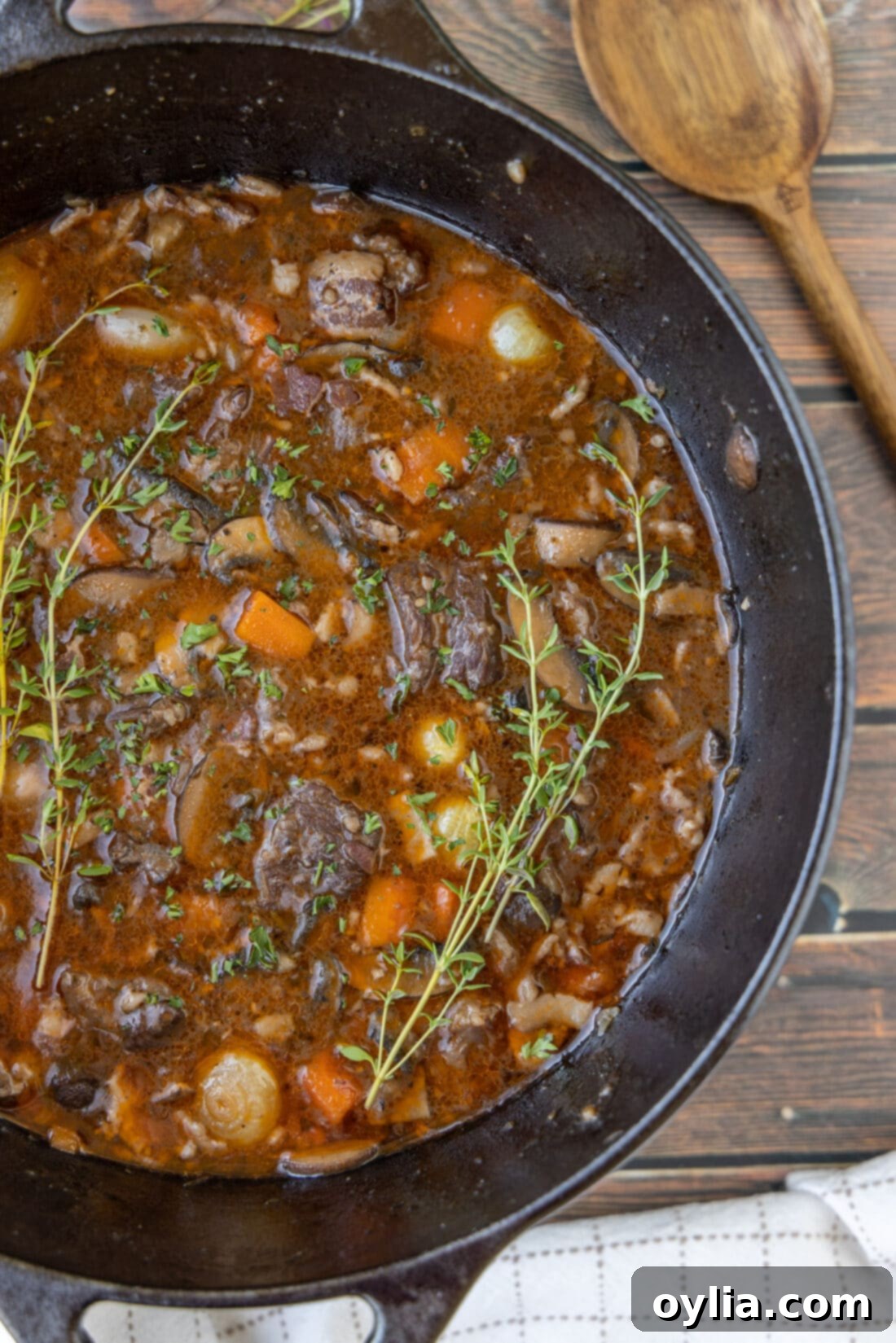 Beef Bourguignon in a cast iron dutch oven, rich and inviting