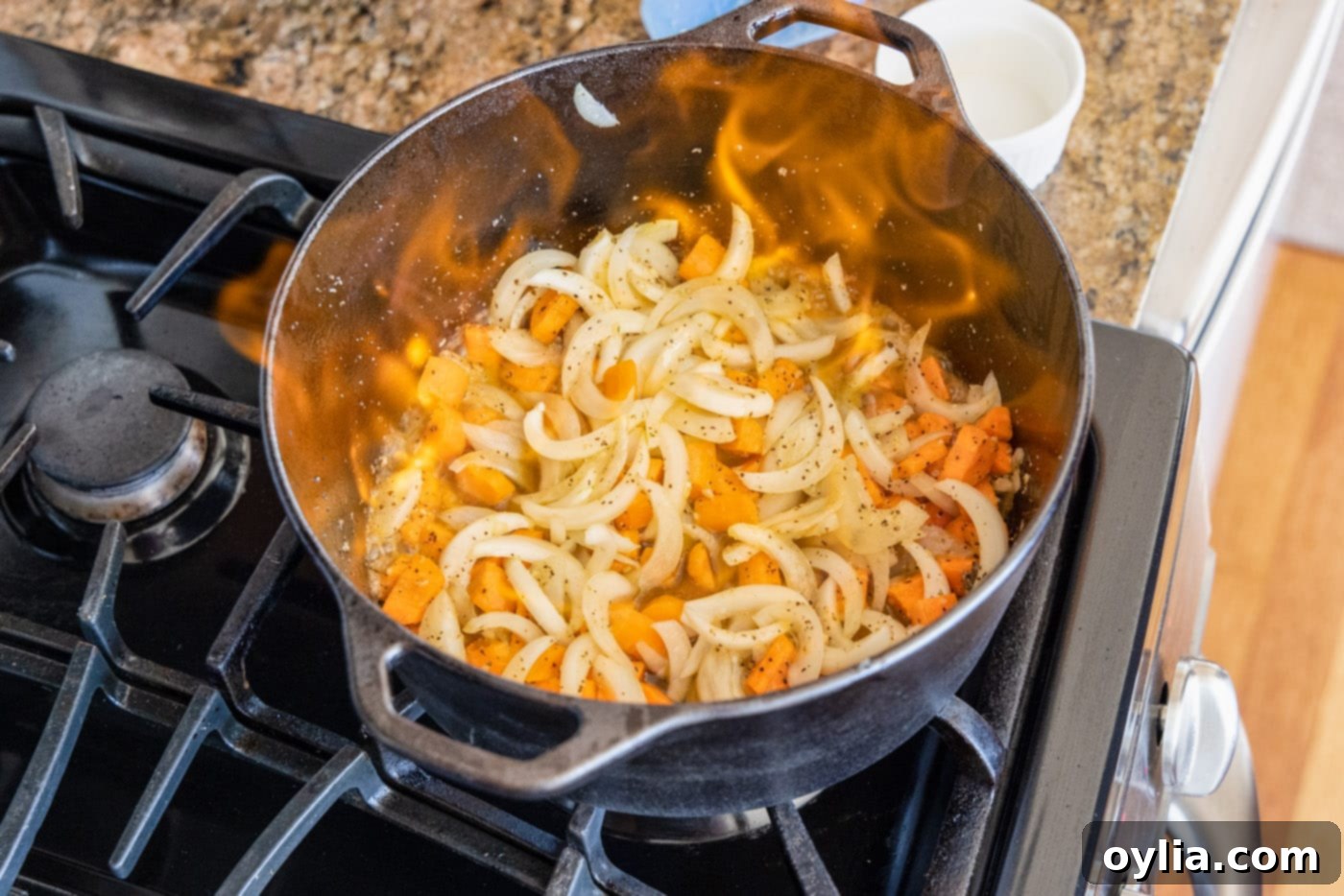 Flames from burning Cognac in a Dutch oven, adding depth of flavor to the bourguignon