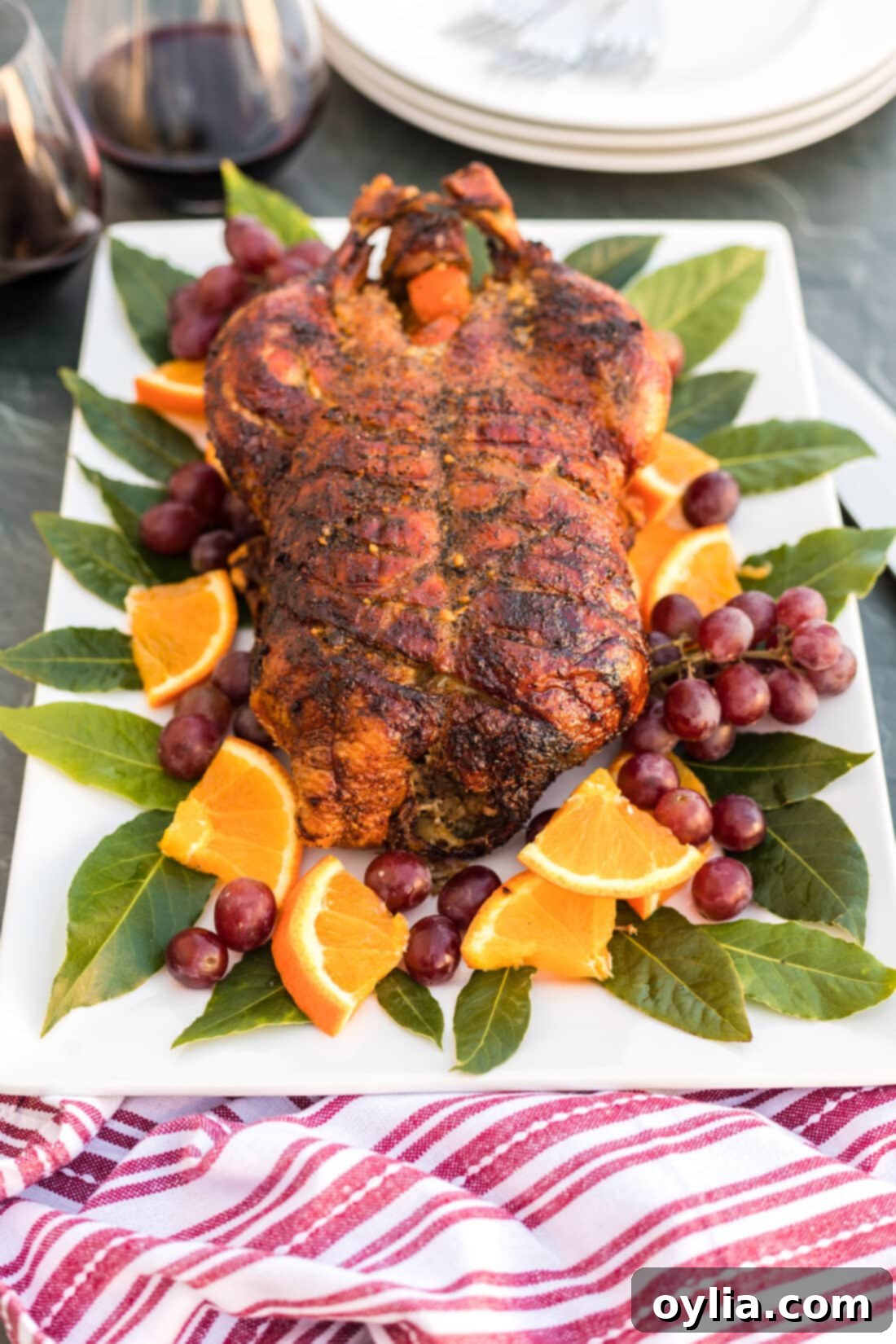 Roast Duck garnished with orange slices