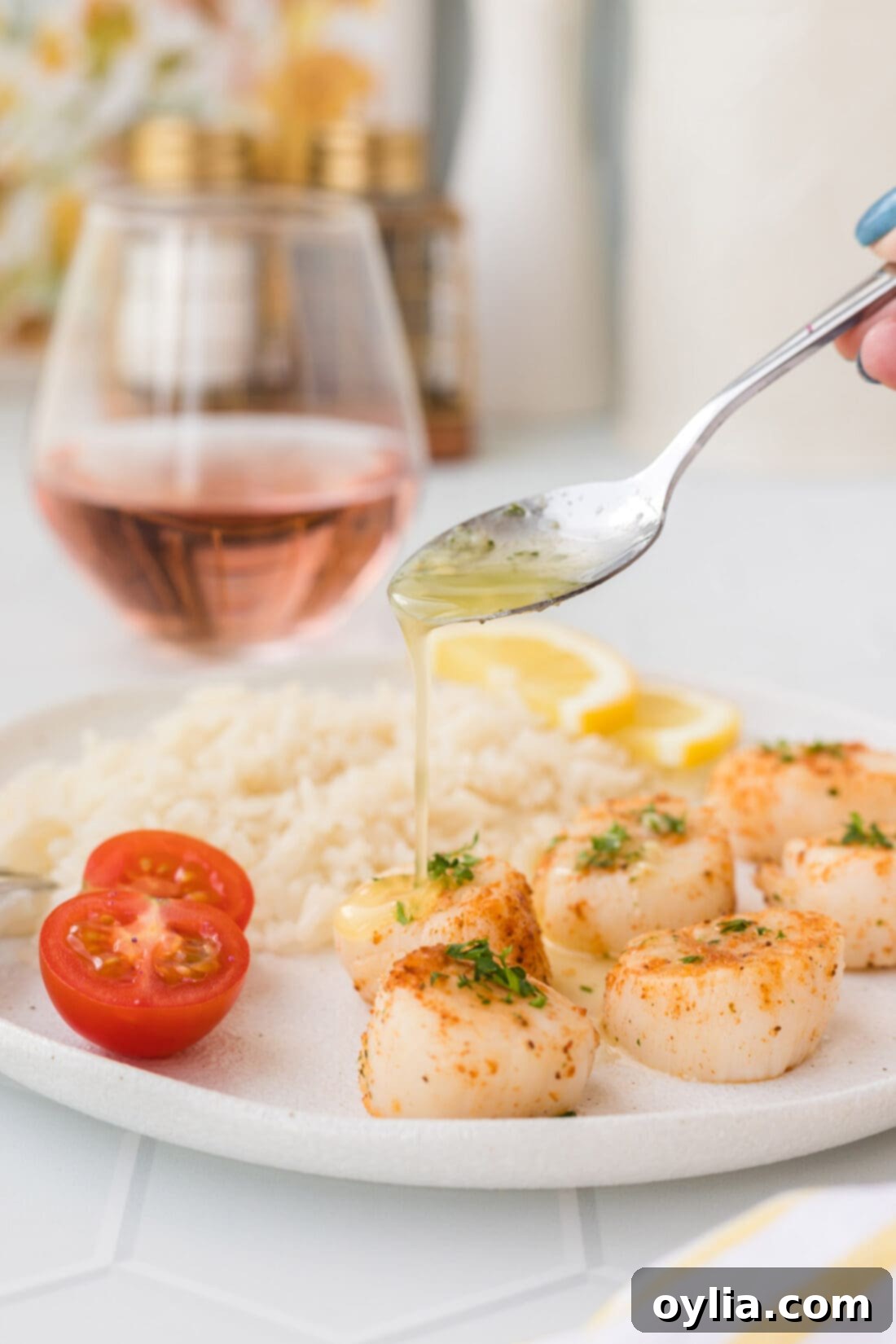 Crispy Air-Fried Scallops 2 Drizzling garlic butter over perfectly cooked Air Fryer Scallops