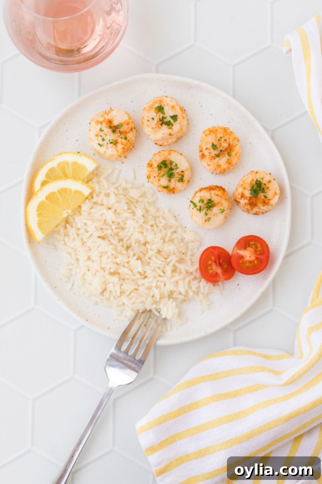 Crispy Air-Fried Scallops 8 Platter of perfectly cooked Air Fryer Scallops served with lemon wedges and fresh herbs