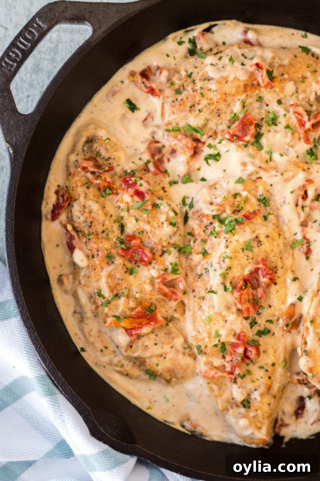 Golden-seared Marry Me Chicken in a skillet, bathed in a rich parmesan and cream sauce with sun-dried tomatoes