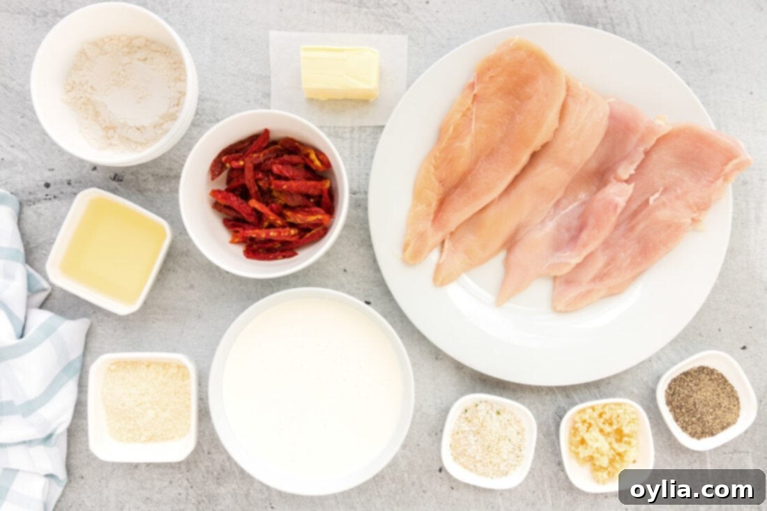 A flat lay of ingredients for Marry Me Chicken, including chicken breasts, heavy cream, parmesan, sun-dried tomatoes, garlic, and seasonings.