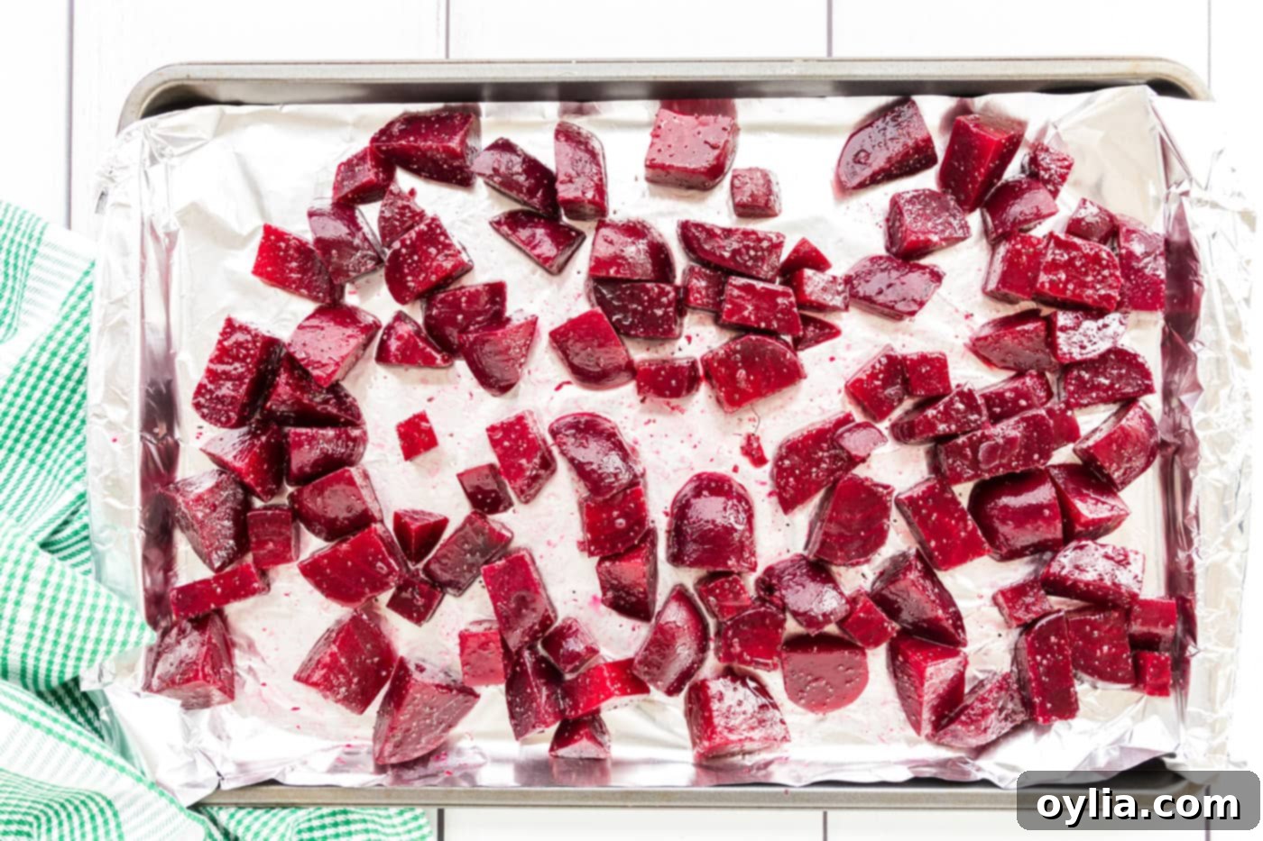 chopped beets on a roasting pan