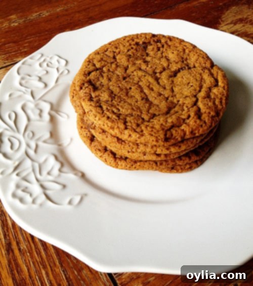 A perfectly arranged stack of five golden-brown, sugar-topped molasses spice cookies on a gleaming white plate, showcasing their inviting texture and uniform shape.