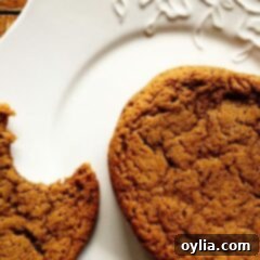 A close-up shot of a perfectly baked sugar-topped molasses spice cookie next to a half-eaten one, highlighting the crinkled sugar crust and tender, inviting interior.