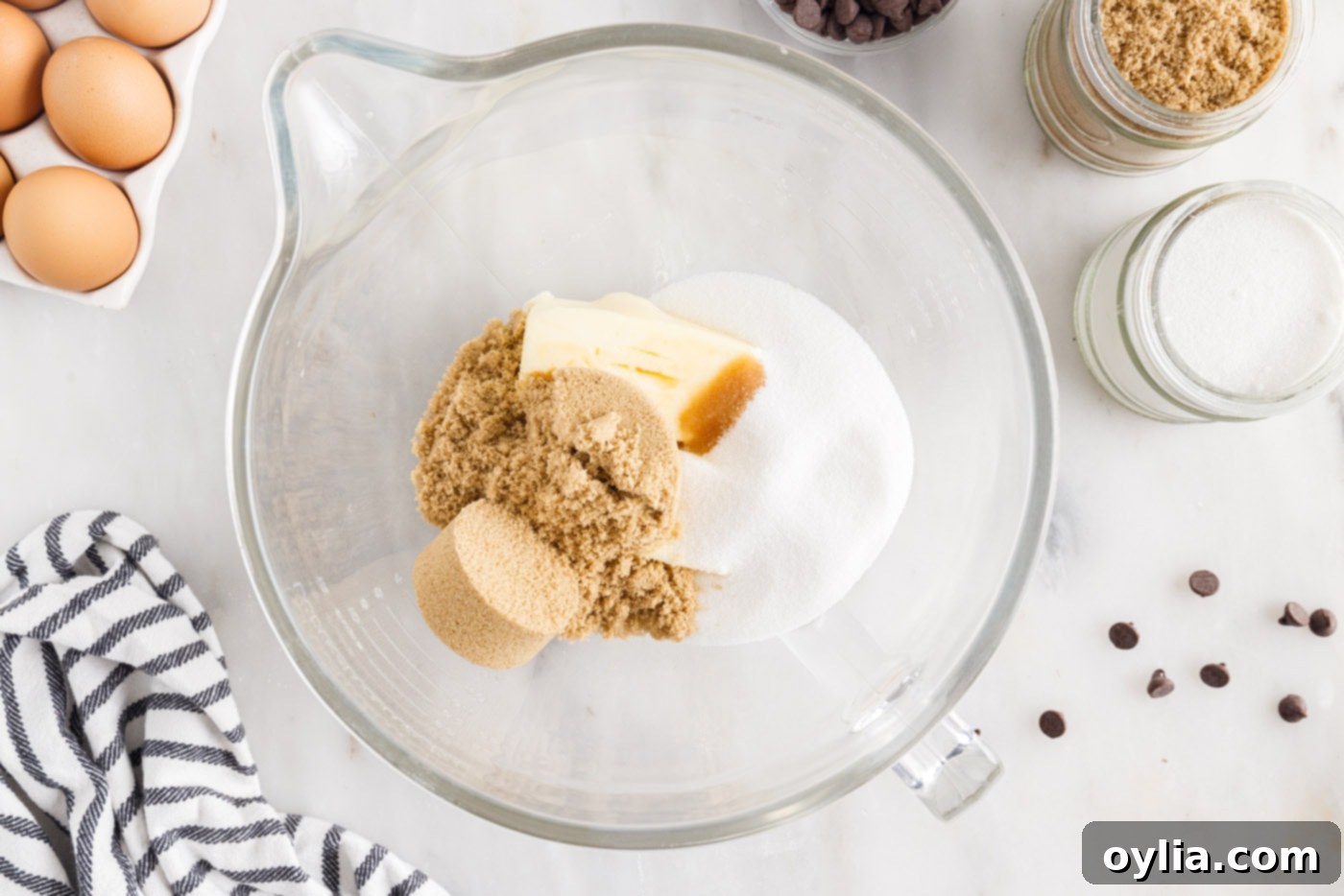 butter, sugars, and vanilla in a bowl of a stand mixer