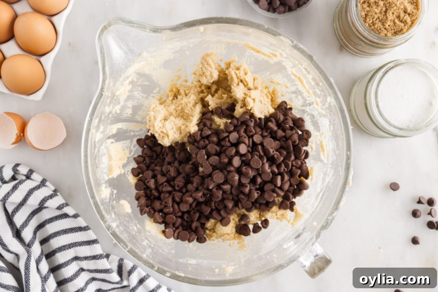 chocolate chips on top of cookie dough