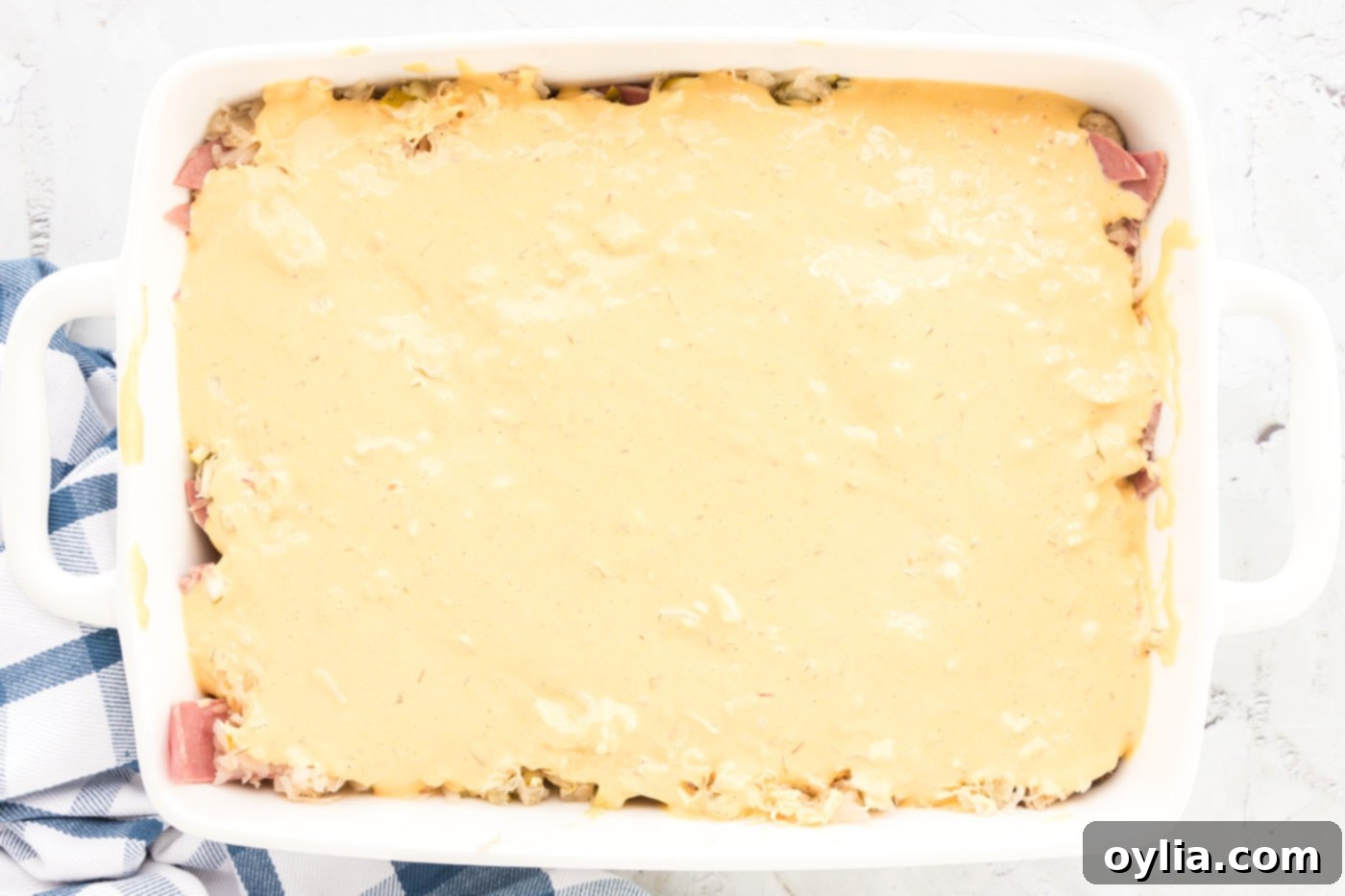 thousand island dressing layered on top of reuben casserole