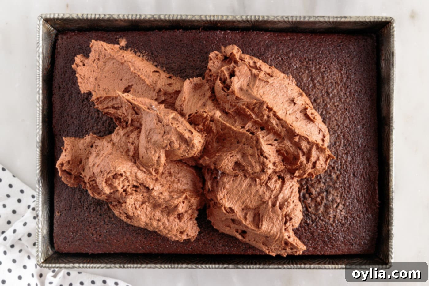 thick chocolate frosting spread on top of a delicious chocolate cake