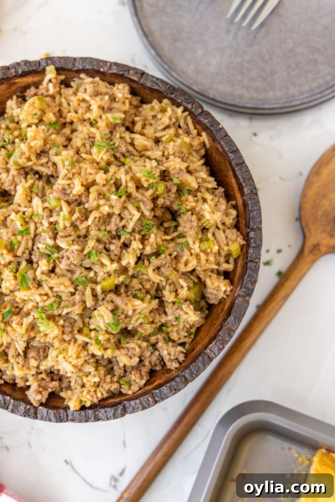 Savory Louisiana Rice 2 Dirty Rice in a brown bowl