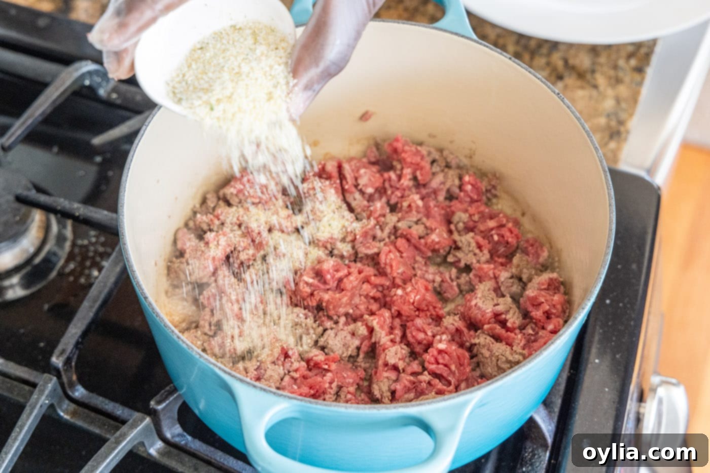 adding garlic salt to dutch oven with ground beef