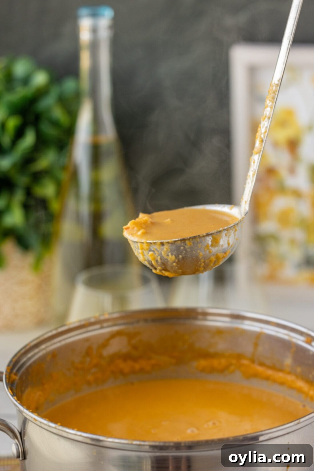 Velvet Sea Treasure 2 lifting a ladle of Lobster Bisque, showcasing its rich, creamy texture and vibrant color