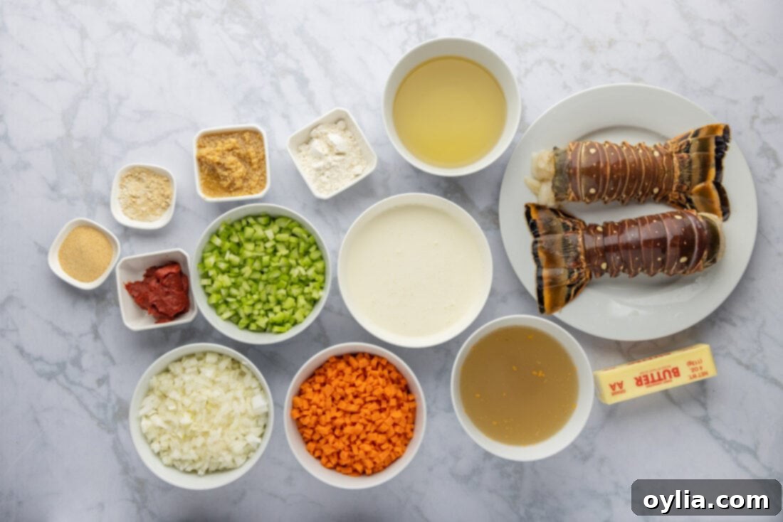 Velvet Sea Treasure 4 Assortment of lobster bisque ingredients including lobster tails, vegetables, butter, and wine