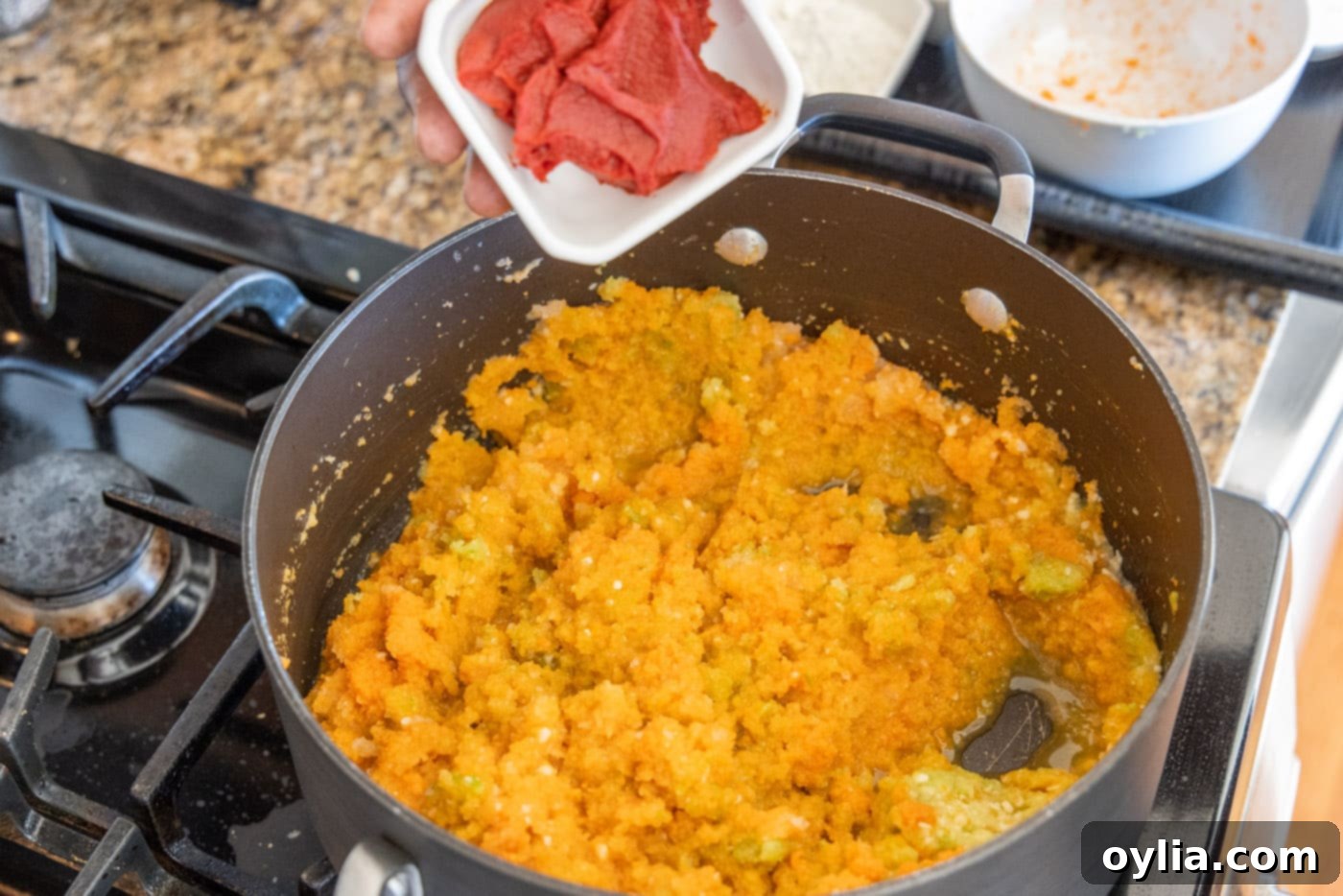Velvet Sea Treasure 6 adding vibrant tomato paste to the sautéed vegetables in the Dutch oven for lobster bisque