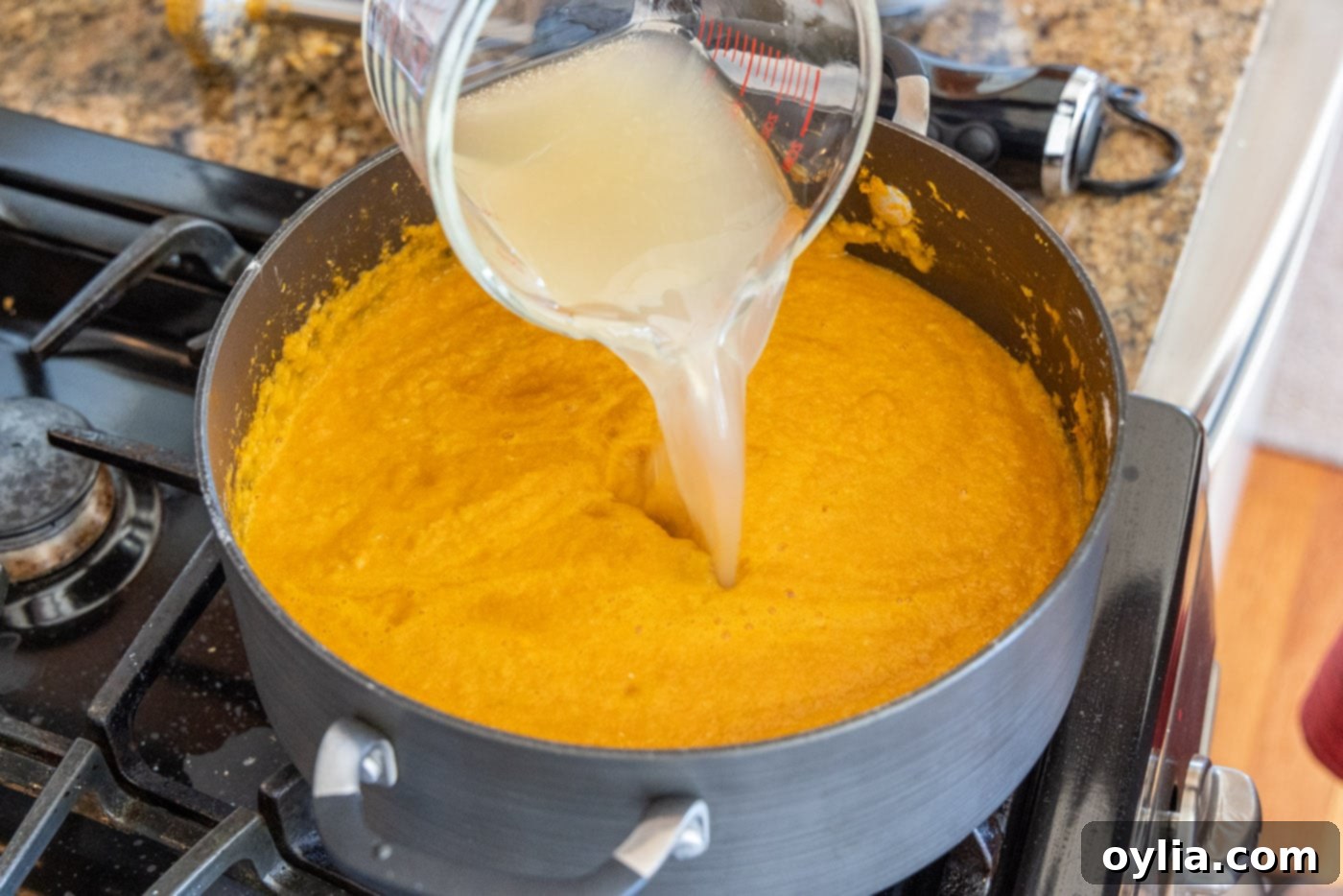 Velvet Sea Treasure 9 pouring rich seafood stock into the creamy lobster bisque base