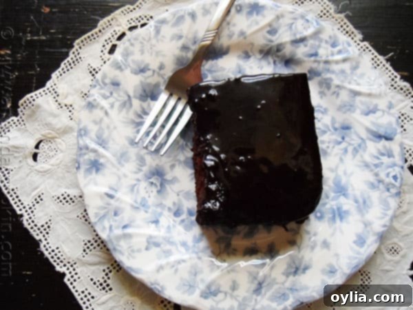 Close-up of a freshly baked chocolate prune cake with caramel icing