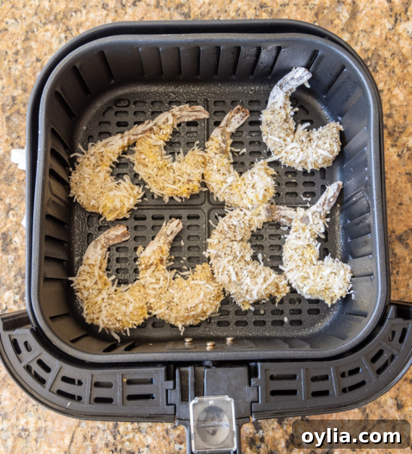 Several coated coconut shrimp arranged in a single layer in an air fryer basket, ready to be cooked.