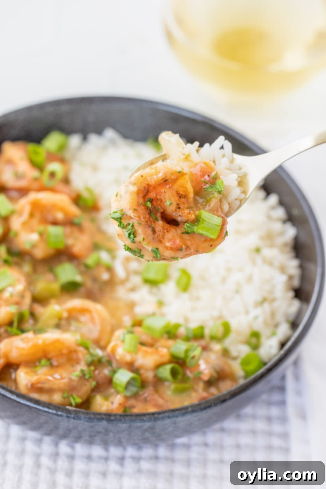 Louisiana Shrimp Comfort 13 fork full of Shrimp Etoufee