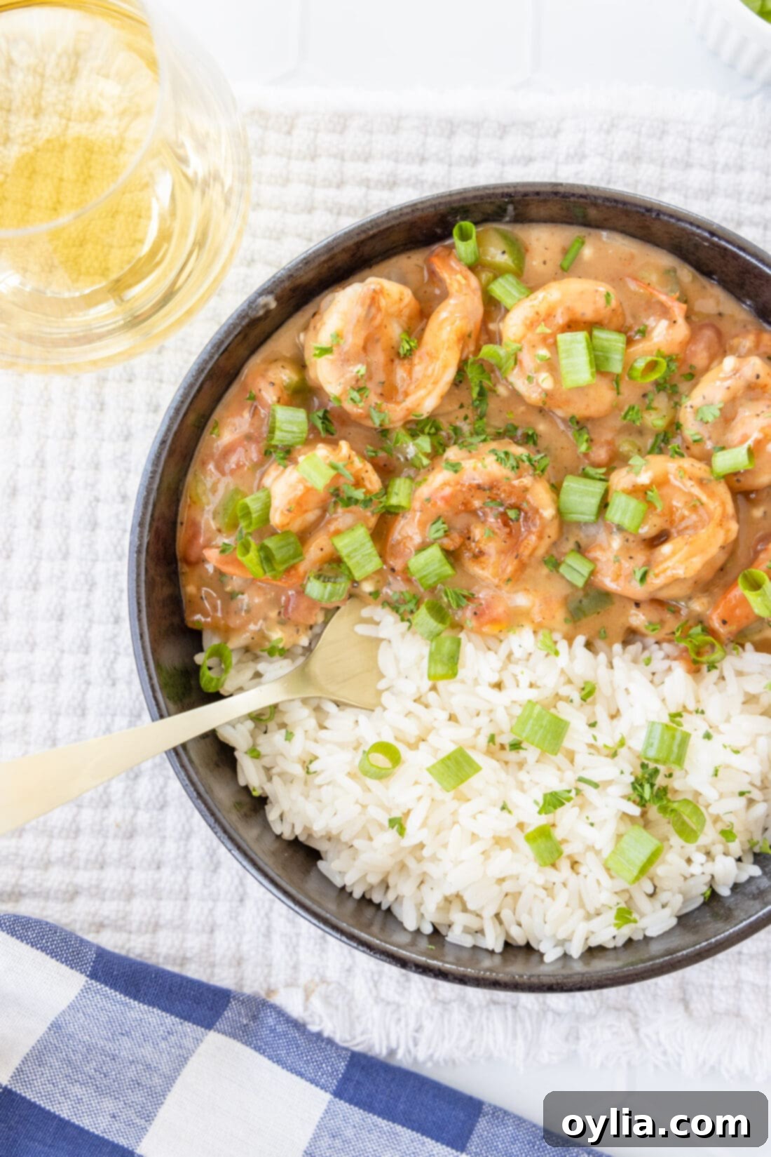 Louisiana Shrimp Comfort 3 Shrimp Etoufee in a bowl with rice