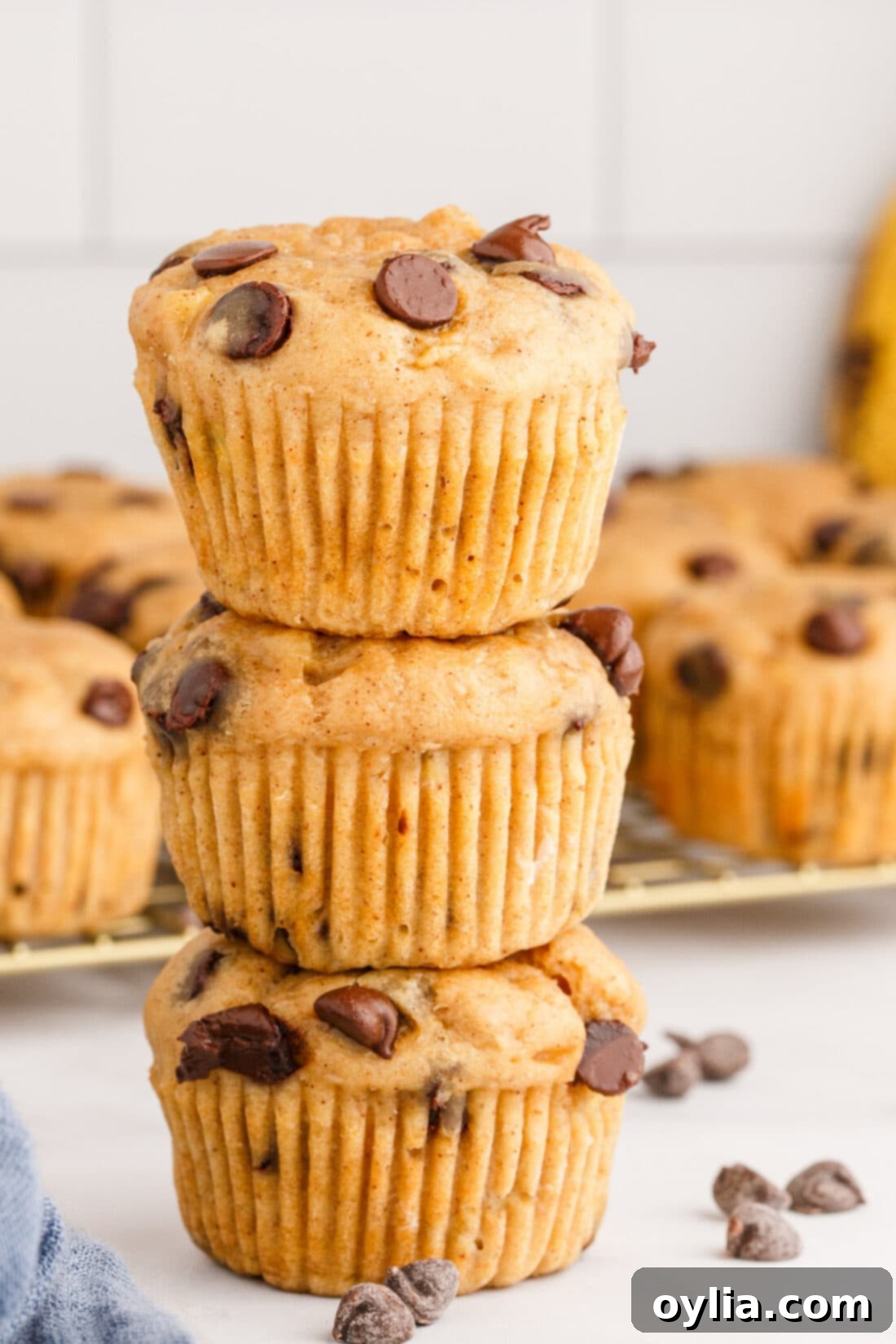 Stacked Chocolate Chip Banana Muffins