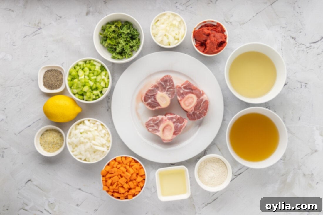 A flat lay photograph of all the ingredients needed for Veal Osso Bucco, including veal shanks, vegetables, and herbs