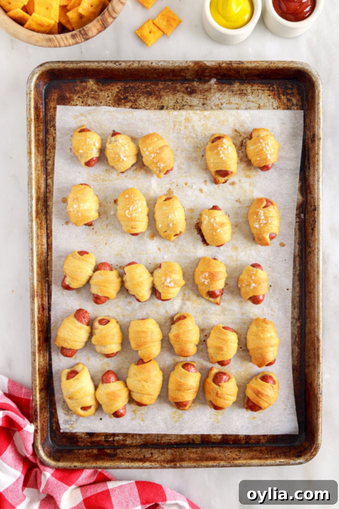 Snug Sausages 11 pan of Pigs in a Blanket baked to golden brown perfection