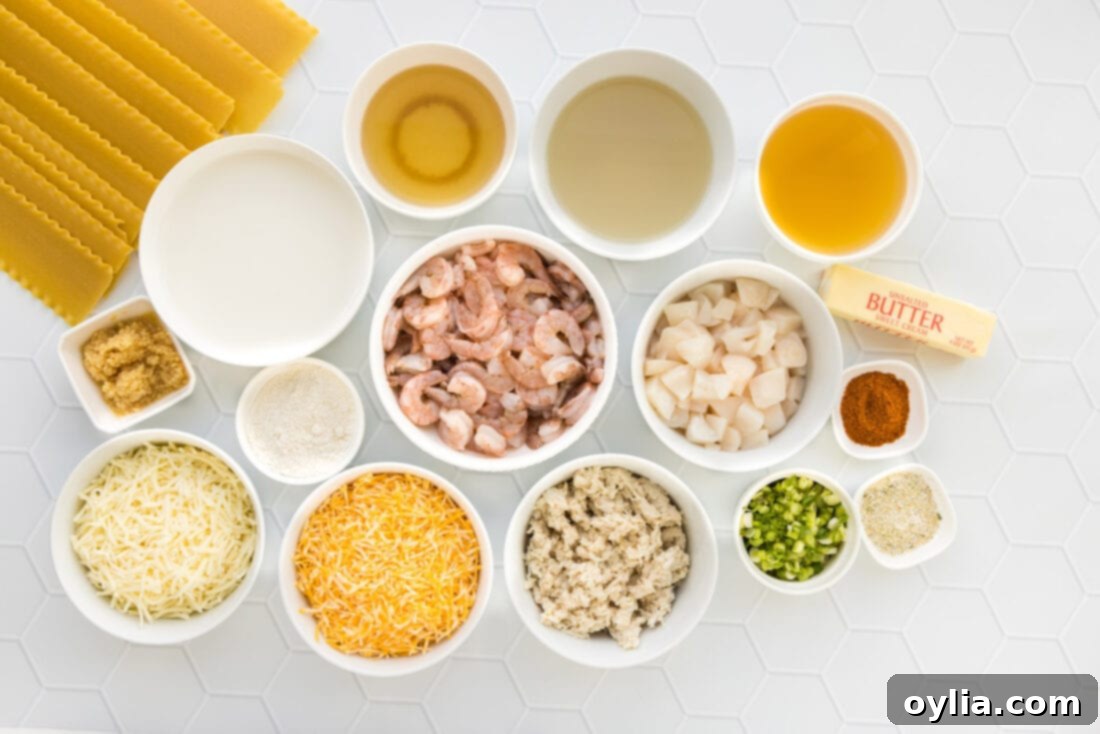A selection of fresh ingredients laid out, including green onions, garlic, various seafood, and cheeses, ready for seafood lasagna preparation