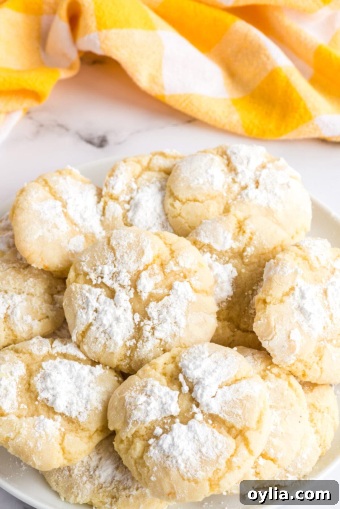 Freshly baked orange crinkle cookies on a white plate, showcasing their characteristic powdered sugar coating and delightful cracks.