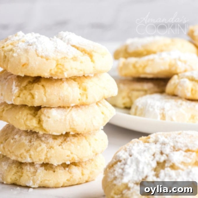 A charming stack of freshly baked orange crinkle cookies, heavily dusted with powdered sugar, creating a 'snowy' appearance.