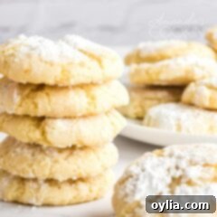 A charming stack of freshly baked orange crinkle cookies, heavily dusted with powdered sugar, creating a 'snowy' appearance.