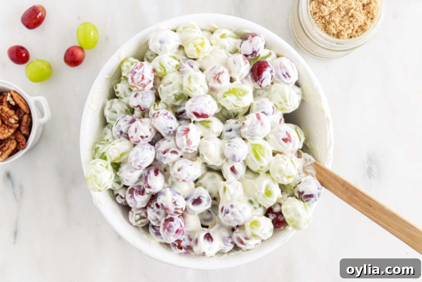 creamy grape salad in a bowl