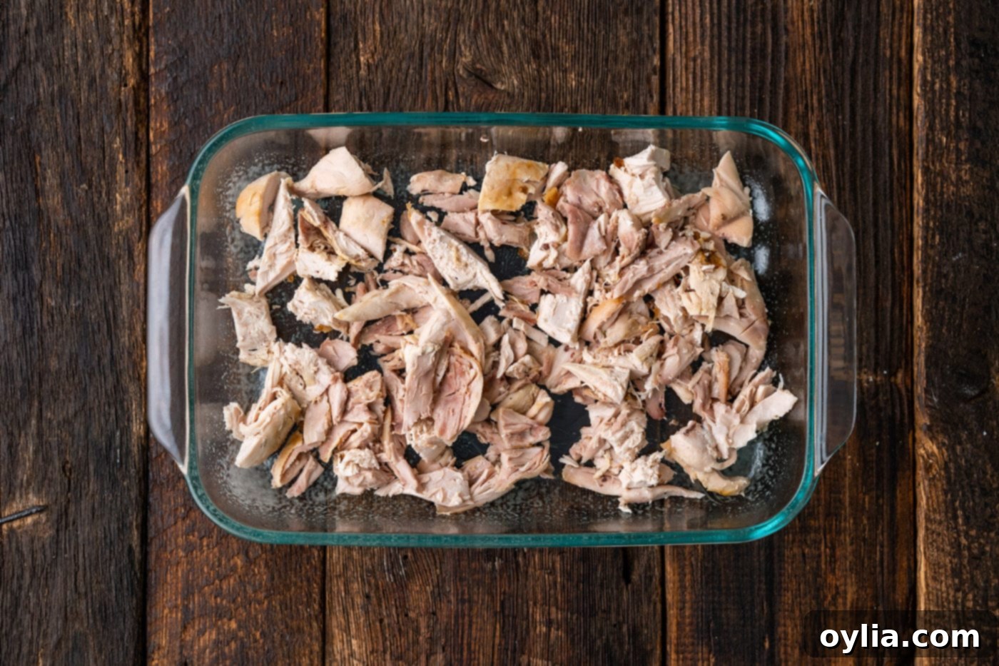 shredded chicken in casserole dish