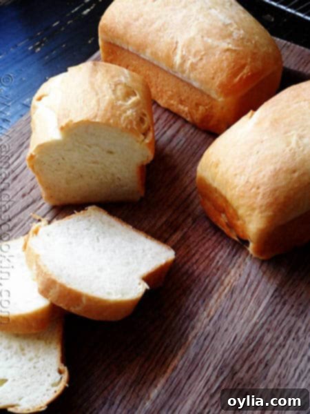 A photo of a sliced Amish white bread mini loaf, showcasing its airy interior.