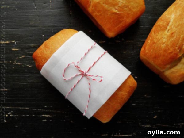 A beautifully wrapped Amish white bread mini loaf, tied with baker's twine.