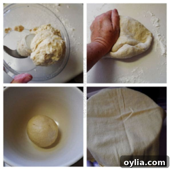 Close-up of dough being mixed in a food processor for Amish white bread mini loaves.