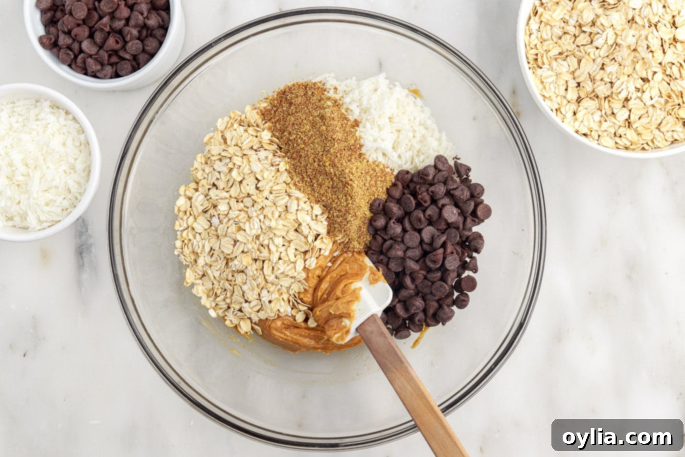 no bake energy ball ingredients in a mixing bowl