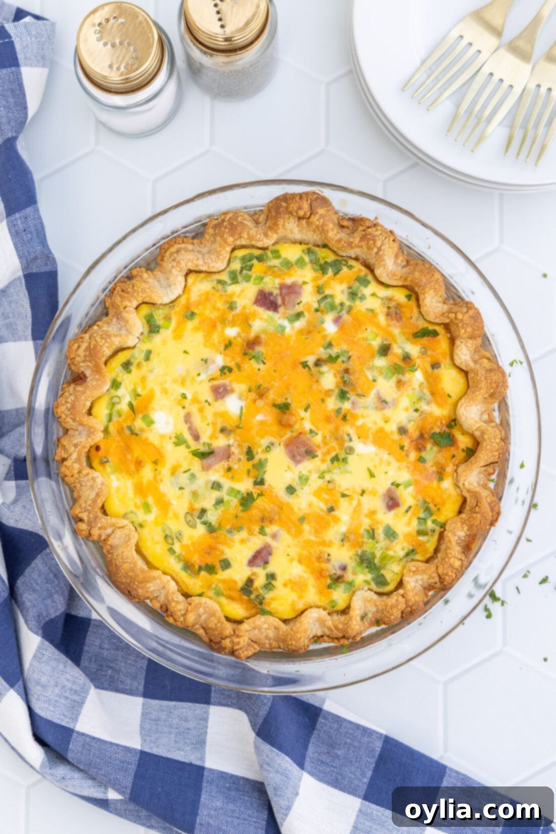 Savory Egg Tart 3 Whole baked Quiche, golden brown and fluffy