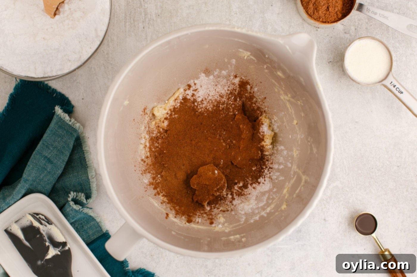 cocoa powder, powdered sugar, and butter in a mixing bowl