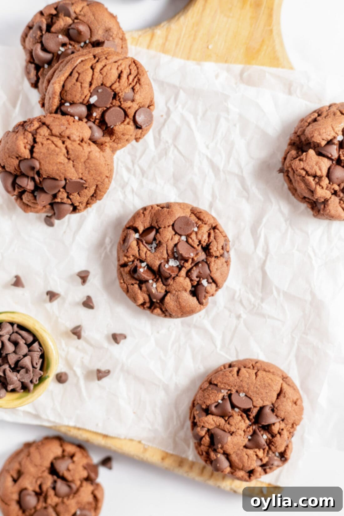 Chocolate Cake Mix Cookies on parchment paper