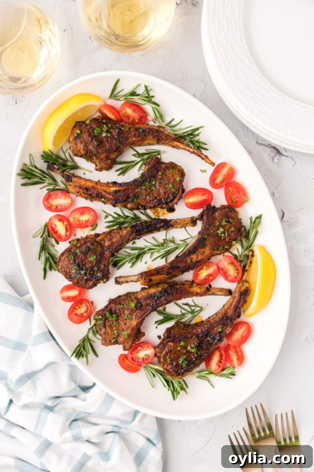 Platter of perfectly cooked Baked Lamb Chops, ready to serve