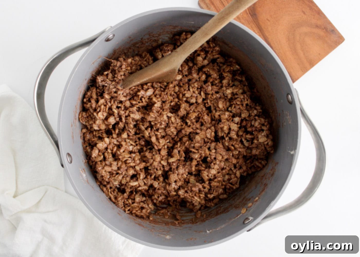 hot chocolate rice krispie treats in a saucepan