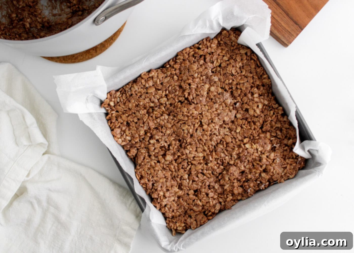 hot chocolate rice krispie treats in a pan