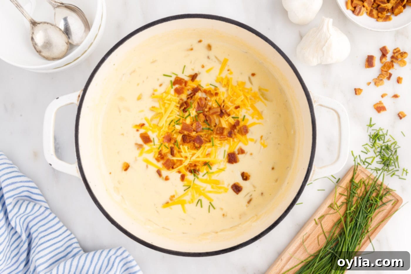 loaded baked potato soup in a stockpot