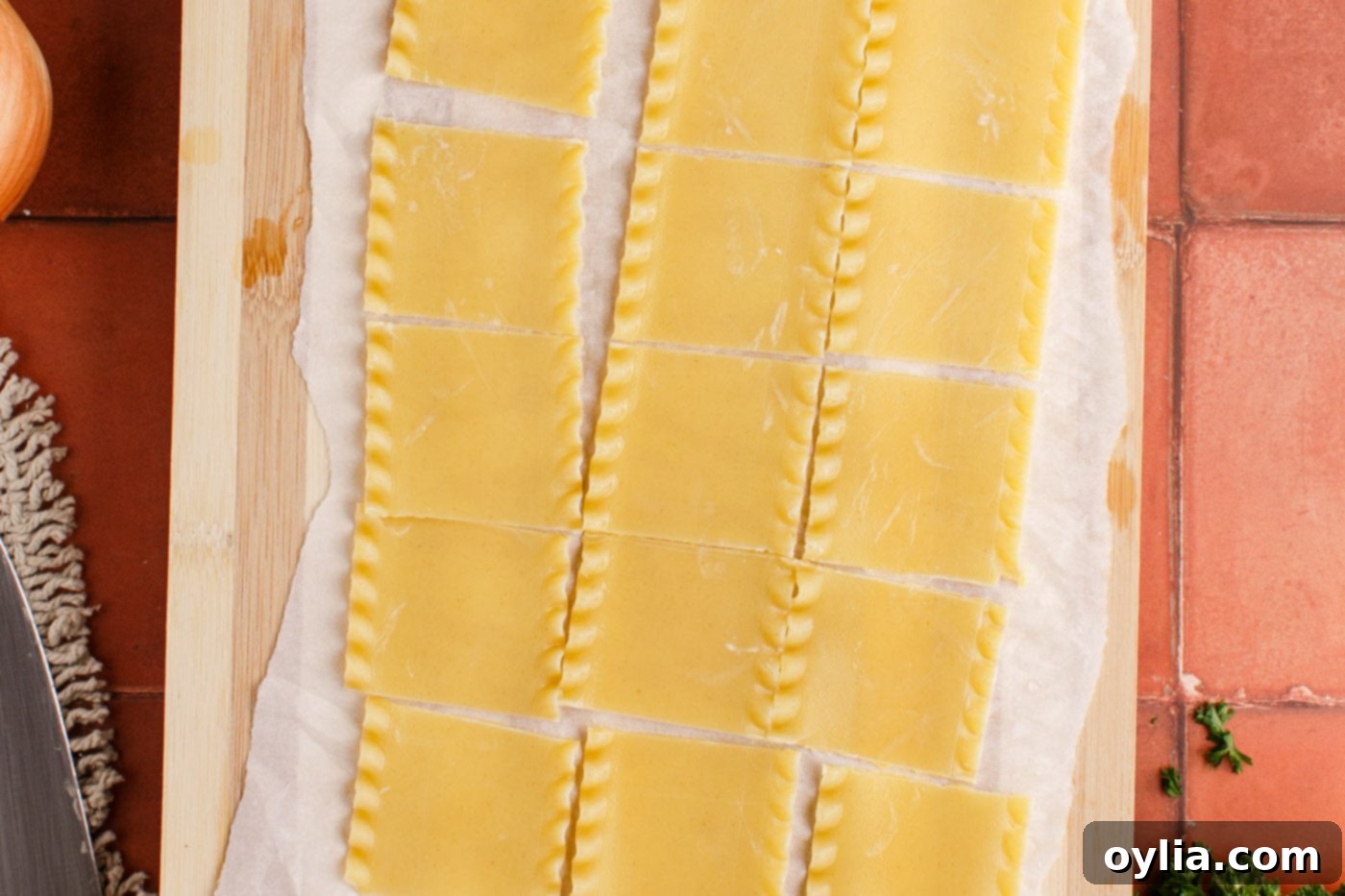 cutting lasagna noodles into small squares