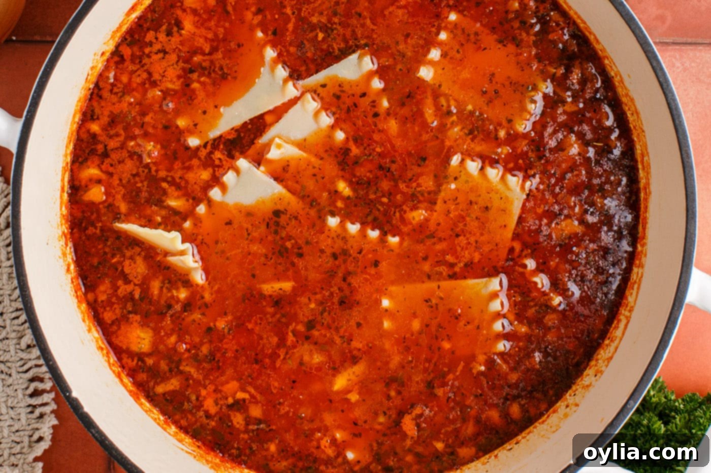 lasagna noodles added to soup pot